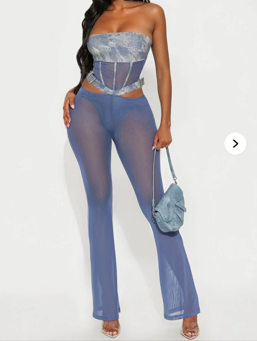 Fashion Nova Sheer Wide-Leg Jumpsuit in Dusty Blue